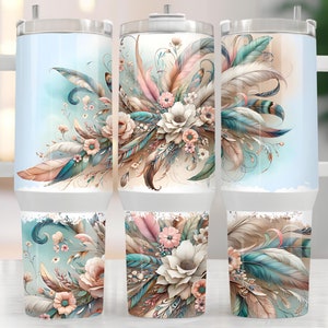 Pastel Flower Wrap for 40oz Tumbler Boho Floral PNG Tumbler Design, Feather Sublimation Designs Downloads for 40 oz Tumbler Country Tumbler
