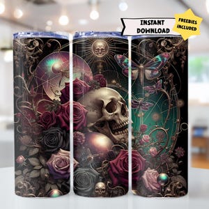 Skull Roses Hearts Tumbler Wrap, Gothic Skull 20 oz Skinny Straight Sublimation Tumbler Design, Spooky Skeleton PNG Digital Download