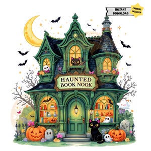 Haunted Fall Bookstore PNG, Trendy Cute Halloween Spooky Ghosts, Cozy Bookish Library Sublimation Design, Halloween Victorian House Clipart