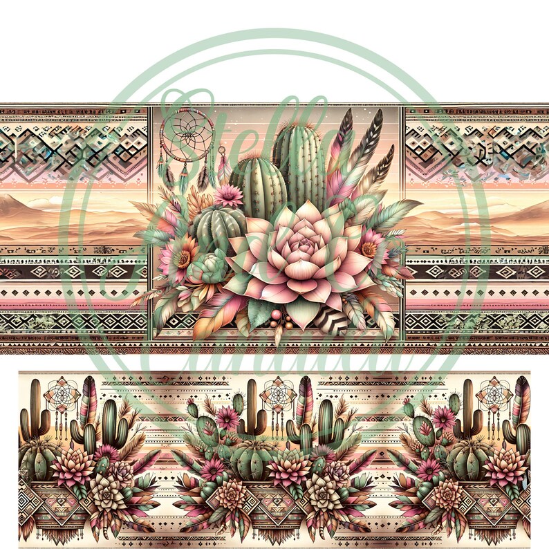 May include: A digital illustration of a desert scene with cacti, succulents, and feathers. The background features a geometric pattern in shades of brown, pink, and white.