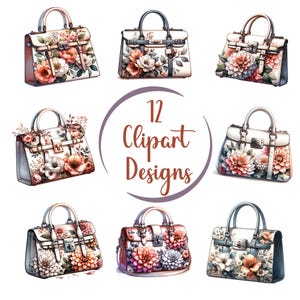 Bloem handtassen aquarel clipart bundel set, bloemen portemonnee transparante png, digitale download, portemonnee accessoire kaarten maken, ongewenste journaling