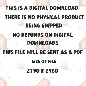 May include: A digital download graphic with a white background and a repeating pattern of brown and white nativity scenes. The text reads "This is a digital download. There is no physical product being shipped. No refunds on digital downloads. This file will be sent as a PDF. Size of file 2790 x 2460."