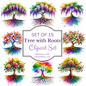 Watercolor Tree with Roots Clipart, Forest Tree Scrapbooking Clipart Set, Family Tree PNG Bundle, Nature Seasonal Tree Sublimation Designs