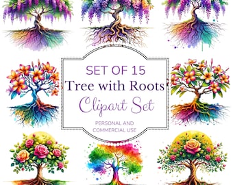 Watercolor Tree with Roots Clipart, Forest Tree Scrapbooking Clipart Set, Family Tree PNG Bundle, Nature Seasonal Tree Sublimation Designs