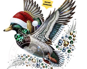 Anatra selvatica volante con strass finti in formato PNG, disegno digitale a sublimazione di un'anatra scintillante, cacciatore di anatre in formato PNG, disegno di una ragazza di campagna, motivo di un'anatra