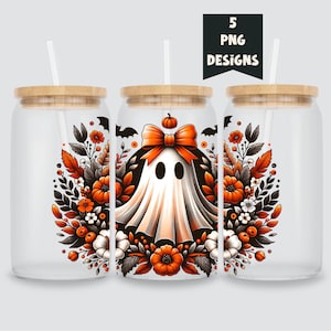 Fall Vibes Spooky Ghost PNG, Floral 16oz Glass Cup Wrap, Sublimation Design, 16oz Glass Cup Png, Retro Trendy Floral Autumn Ghost PNG, UVDTF