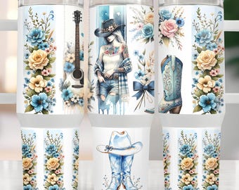 Rustic Cowgirl Floral Guitar Tumbler Wrap, Cowgirl Western Design Digital Download PNG
