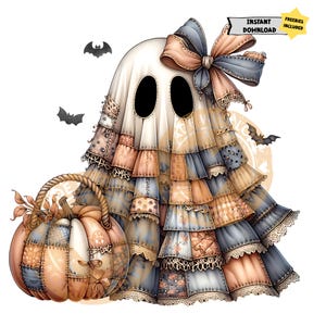 Op de afbeelding: Een Halloween-illustratie van een spook met een patchwork-ontwerp. Het spook draagt een grote strik en gelaagde ruches in tinten blauw, perzik en bruin. Een pompoenmand en vleermuizen maken het ontwerp compleet. Tekst luidt "DIRECT DOWNLOADEN" en "GRATIS INBEGREPEN".