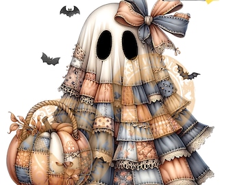 Coquette Patchwork Ghost PNG-bundel, Halloween pompoen en strik clipart, Cottagecore sublimatiekunst, kant Halloween Ghost png