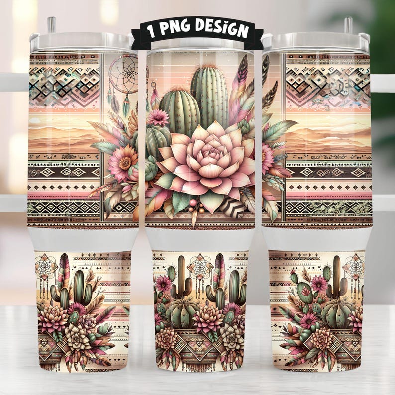 May include: A sublimation design featuring a cactus and succulent arrangement with a pink flower, surrounded by feathers and dreamcatchers. The design is set against a background of geometric patterns in shades of brown, pink, and white.