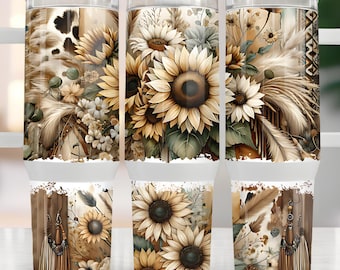 Rustic Floral 40oz Tumbler Wrap, Sunflower PNG Tumbler Design Sublimation Download, Boho Western Cow Print Sublimation Tumbler with Handle
