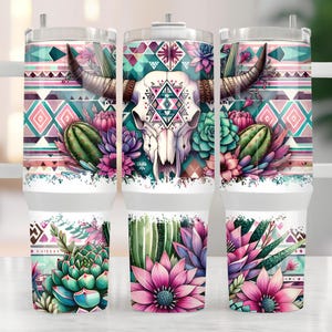 Boho Aztec 40oz Tumbler Wrap, 40 oz Western Bull Skill Sublimation Design, Rustic Watercolor Cactus Tribal Pattern Tumbler Wrap Png, Aztec
