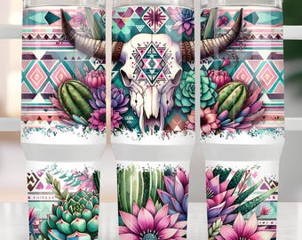 Boho Aztec 40oz Tumbler Wrap, 40 oz Western Bull Skill Sublimation Design, Rustic Watercolor Cactus Tribal Pattern Tumbler Wrap Png, Aztec