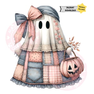May include: A whimsical illustration of a ghost character in a patchwork dress, adorned with a large bow and a pumpkin-shaped bag. The ghost has a white body, black eyes, and is decorated with pink, blue, and cream colors. The image includes the text "Instant Download" and "Freebies Included".
