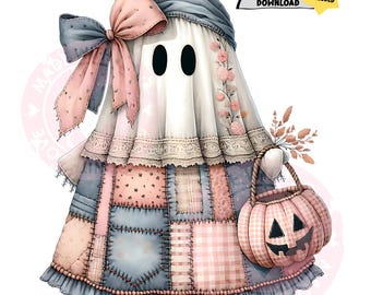 Pode incluir: Uma ilustração fantástica de um personagem fantasma em um vestido de retalhos, adornado com um grande laço e uma bolsa em forma de abóbora. O fantasma tem um corpo branco, olhos pretos e é decorado com cores rosa, azul e creme. A imagem inclui o texto "Instant Download" e "Freebies Included".