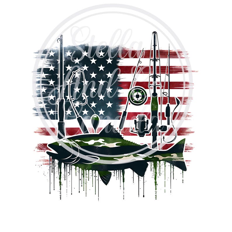 May include: A digital illustration of a fish with a camouflage pattern, fishing rods, and a fishing reel, all superimposed on an American flag with a watercolor effect.