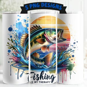 Fishing is My Therapy 20 oz Skinny Tumbler Wrap Sublimation Design Digital Download Funny Fisherman PNG Digital Design, Bass Fishing PNG