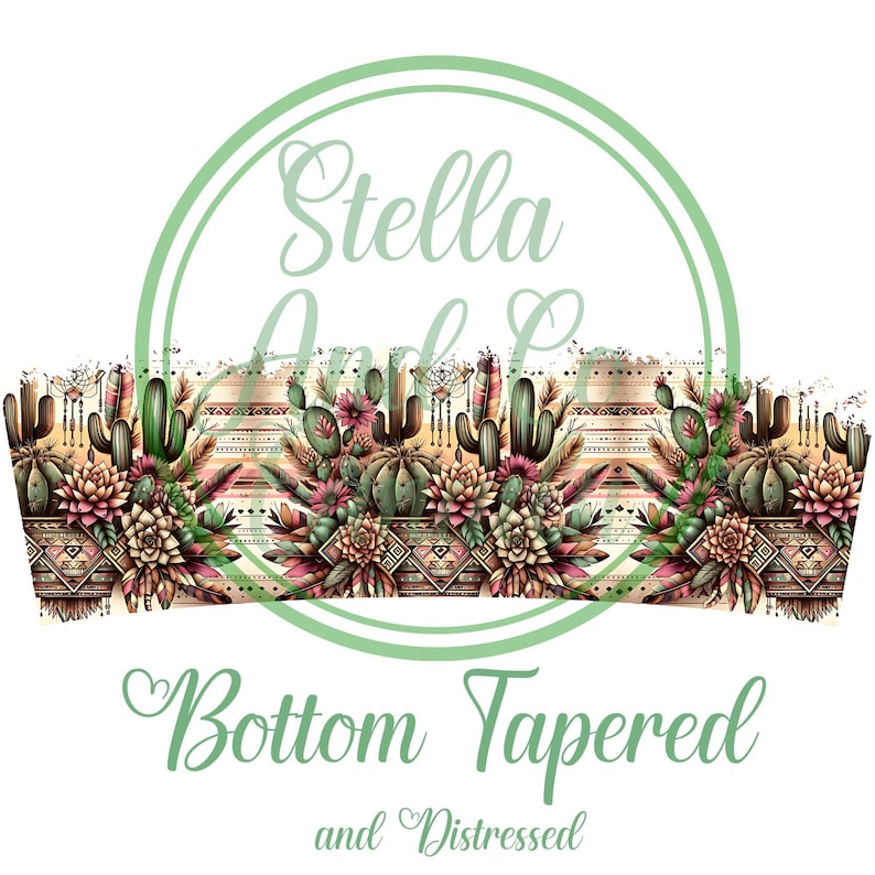 May include: A digital design featuring a colorful cactus and succulent border with a geometric pattern. The design includes the text "Stella Art Co. Bottom Tapered and Distressed".