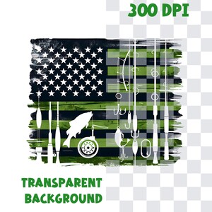 May include: A digital illustration of an American flag with a camouflage pattern. The flag is green, black, and white. Fishing rods, lures, and a fish are superimposed on the flag.