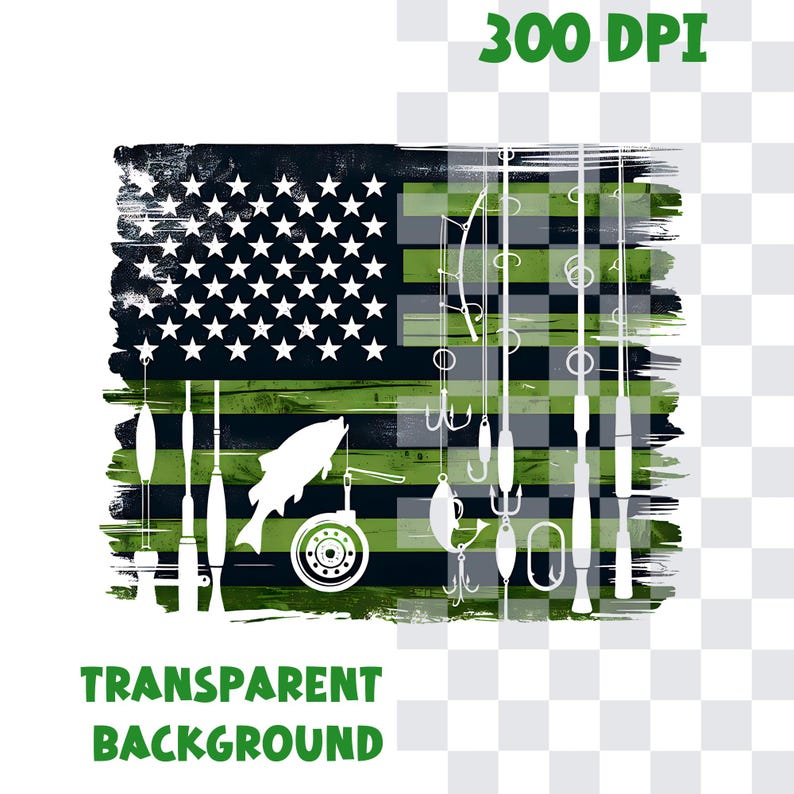 May include: A digital illustration of an American flag with a camouflage pattern. The flag is green, black, and white. Fishing rods, lures, and a fish are superimposed on the flag.