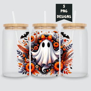 Autumn Fall Pumpkin Ghost 16oz Glass Cup Wrap Png, Sublimation Design, 16oz Glass Cup Png, Retro Fall, Trendy Floral Autumn Ghost PNG, UVDTF