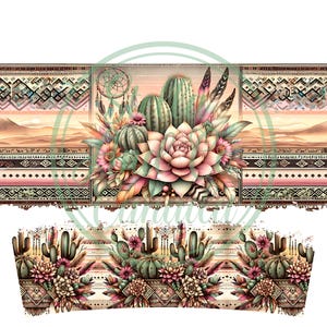 May include: A digital illustration of a desert scene with cacti, succulents, and feathers. The background features a sunset with a geometric pattern.