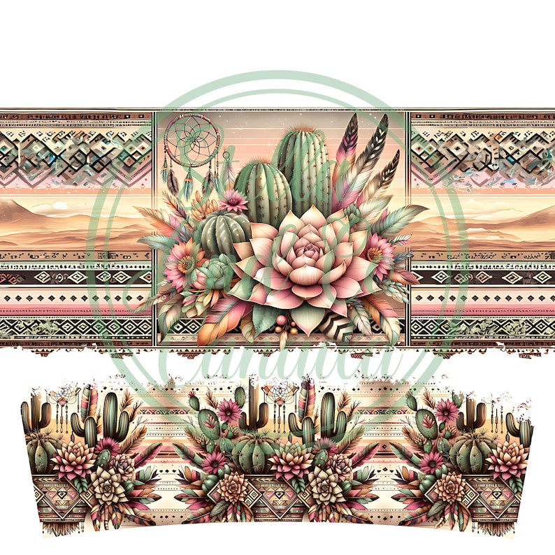 May include: A digital illustration of a desert scene with cacti, succulents, and feathers. The background features a sunset with a geometric pattern.