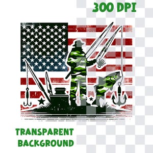 May include: A vintage-style illustration of a person fishing with a rod and reel in front of an American flag. The person is wearing camouflage clothing and there is a fish on the hook. The image has a distressed, faded look.