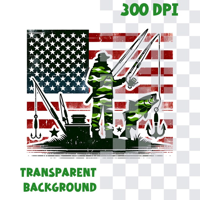 May include: A vintage-style illustration of a person fishing with a rod and reel in front of an American flag. The person is wearing camouflage clothing and there is a fish on the hook. The image has a distressed, faded look.
