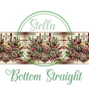 May include: A seamless pattern featuring a repeating design of cacti, succulents, and geometric patterns in shades of green, pink, brown, and gold. The pattern is set against a white background and includes the text "Stella Bottom Straight".