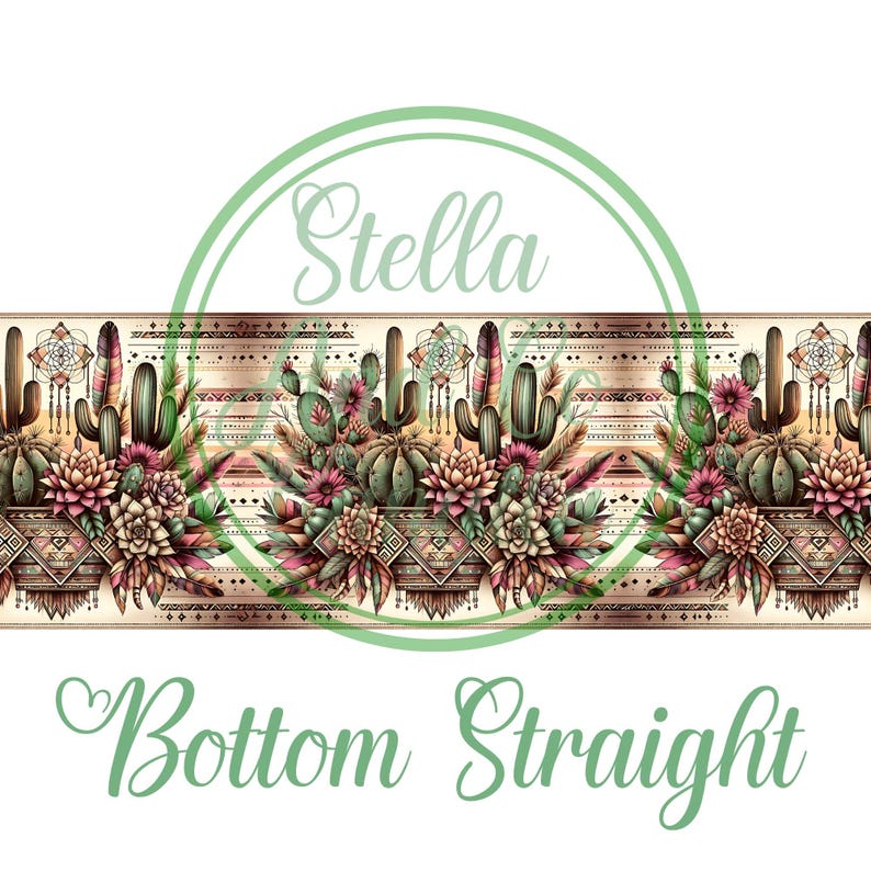 May include: A seamless pattern featuring a repeating design of cacti, succulents, and geometric patterns in shades of green, pink, brown, and gold. The pattern is set against a white background and includes the text "Stella Bottom Straight".