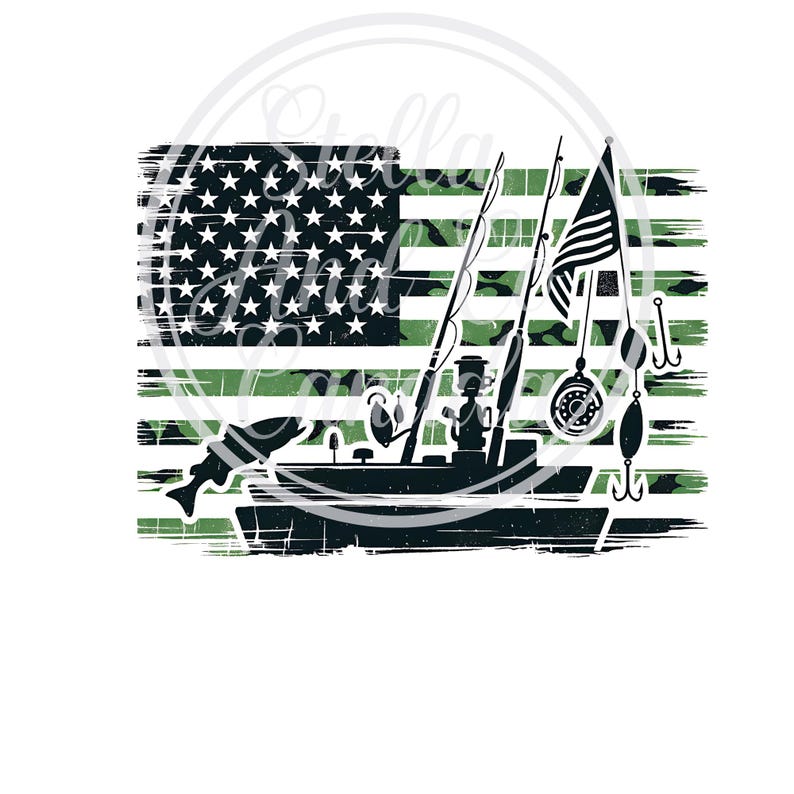 May include: A black and green silhouette of a fishing boat with a fisherman, fishing rods, and lures, superimposed on an American flag with a camouflage pattern.
