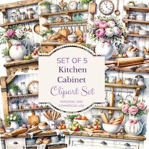 Vintage Rustic Kitchen Clipart Bundle, Kitchen Plant Shelves Pantries, Watercolor PNG Instant Download, Junk Journal Scrapbooking PNGs
