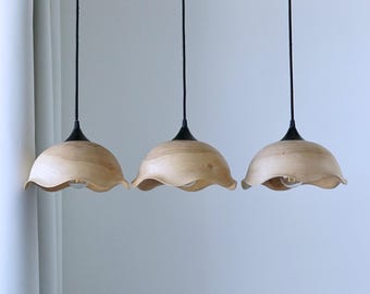Set of 3 unique natural wood lamps, Wooden pendant lamp, kitchen island lighting