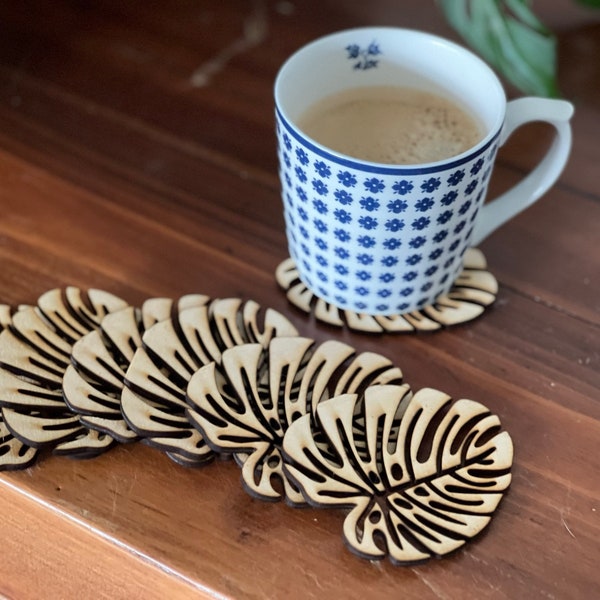 Handcrafted Monstera Leaf Design Wooden Coasters - Set of 6 | High-Quality Birch Wood  | Tropical Decor