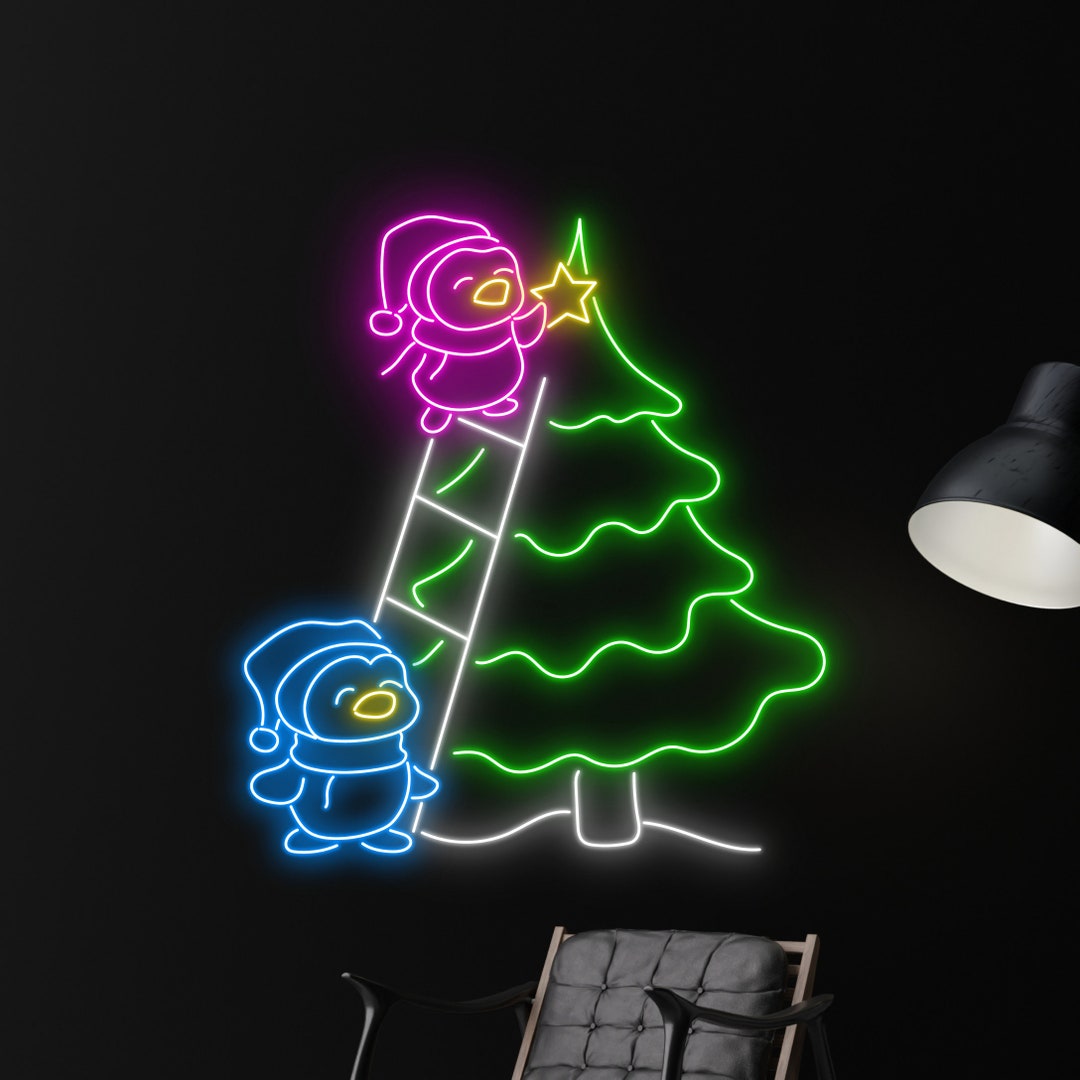Christmas Tree Penguin Neon Sign, Merry Christmas Neon Light, Christmas
