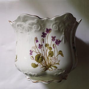 May include: White ceramic planter with a scalloped rim and gold trim. The planter features a botanical illustration of purple violets and green leaves. The words "Viola odorata" are printed below the flowers.