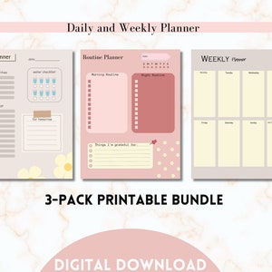 May include: A printable 3-pack planner bundle with a pink and beige color scheme. The bundle includes a daily planner, a routine planner, and a weekly planner. Each planner features a floral design with white flowers on a pink background.