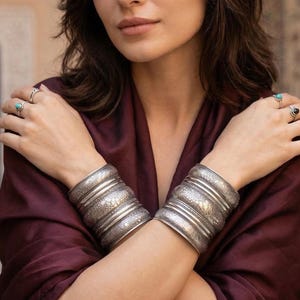 Oxidized Silver Cuff Bangle, Floral Embossed Tribal Bracelet, Wide Boho Statement Jewelry, Adjustable Open Kada, Sold as Single or Pair