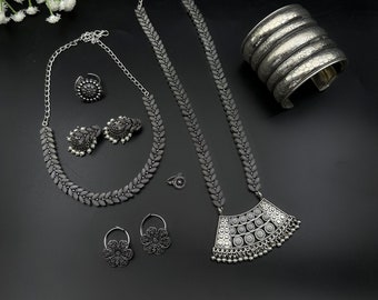 Oxidized Indian Jewelry Set: Boho Tribal Necklace, Ring, Earrings, Bangles