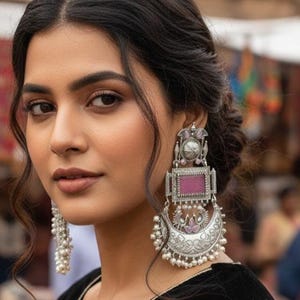 Peut inclure: Une femme porte de grandes boucles d'oreilles en argent ornées d'une pierre rose rectangulaire et d'un motif de croissant de lune. Les boucles d'oreilles ont des détails complexes et de petits accents de perles. La femme porte un haut noir.