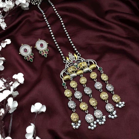 Handmade Temple Jewelry Long Necklace Set Oxidized Silver-gold