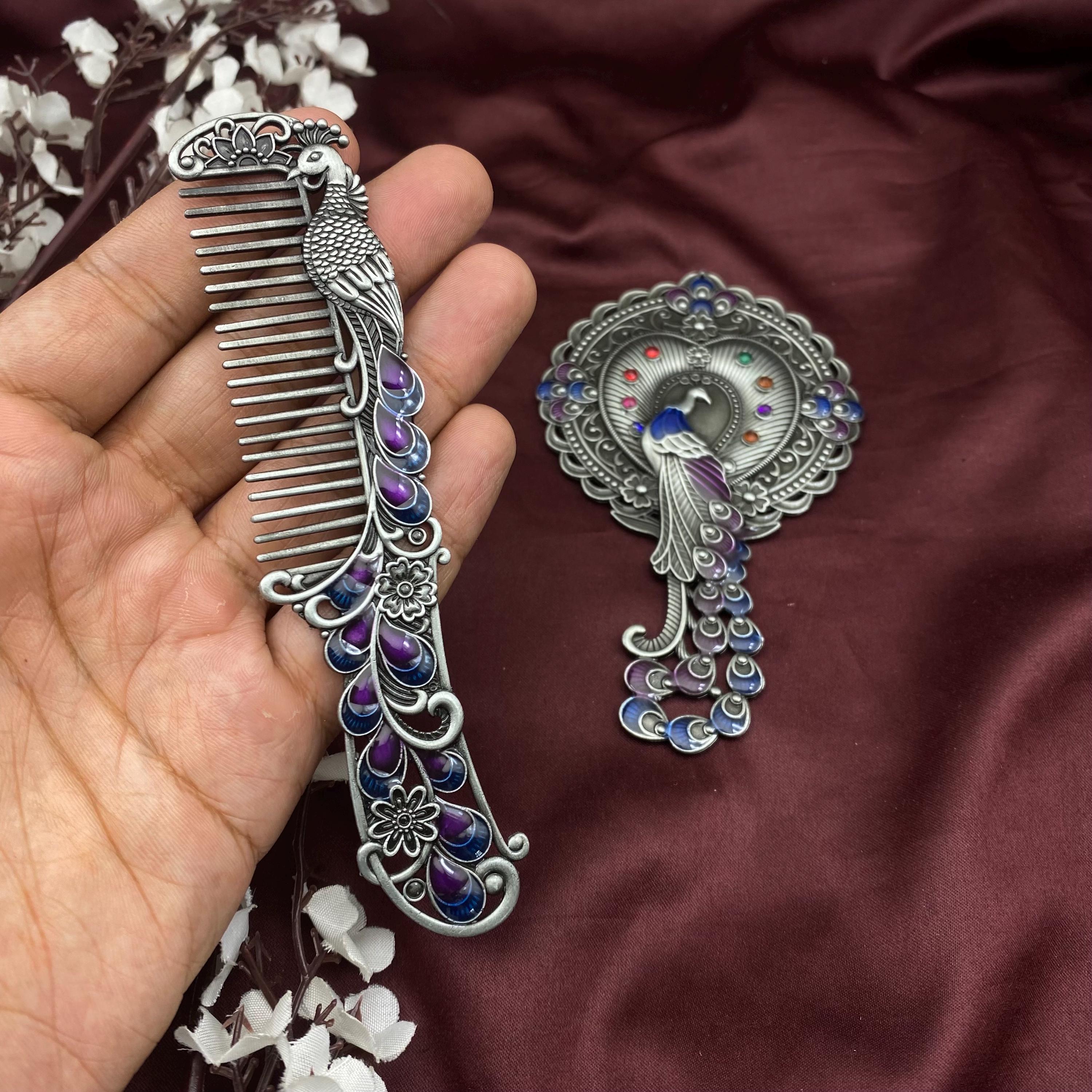 Vintage Peacock Mirror & Comb Set: Brass Finish Vanity  display picture 1