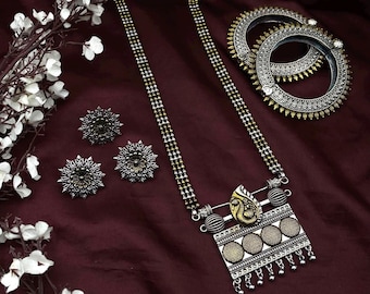 Oxidized Silver Gold Indian Jewelry Set: Long Necklace, Jhumkis