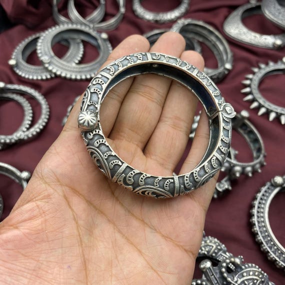 Oxidized Silver Kada Bangles: Set of 6, Ethnic Tribal Jewelry