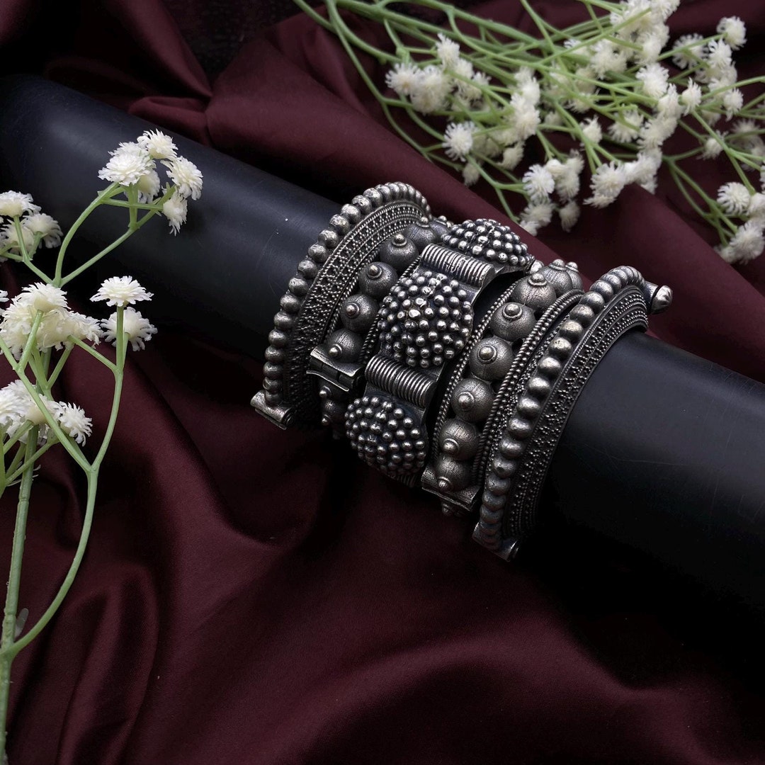 Oxidized Silver Kada Bangle Set: Indian Tribal Jewelry - Etsy