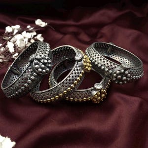 Oxidized Tribal Kada Bangles | Silver & Dual-Tone Bangles | Adjustable Ethnic Cuff Bracelet | Indian Jewelry | Quirky Fashions | Size 2.6