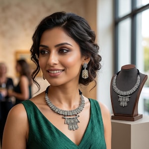 May include: A silver-toned necklace and earring set with an ornate, geometric design. The necklace features a black cord and a pendant with a detailed, symmetrical pattern. The earrings mirror the pendant's design. The jewelry is displayed on a mannequin.