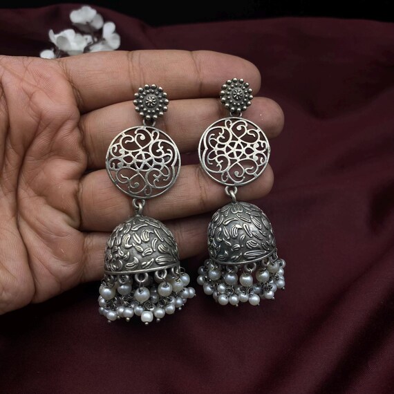 Layer Indian Oxidised Silver Dangle Long Jhumka Earrings for