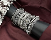 Oxidized Silver Kada Bangles: Set of 6, Ethnic Tribal Jewelry